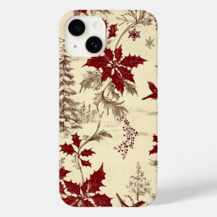 Coque Pour iPhone 14 Crème Antique Bourgogne Hiver Oiseaux Floral de Ho