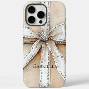 Coques iPhone 16 Pro Max Crème blanc Argent brillant Bow
