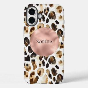 Coques iPhone 16 Plus Crème Brown léopard animal Rose or glam