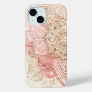 Coque Pour iPhone 15 Crème Brown rose Mandala Bohemian Boho Mode