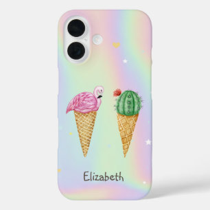 Coques iPhone 16 Crème glacée Flamants roses roses Cactus Holograph