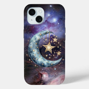 Coque Pour iPhone 15 Crescent Moon Stars Galaxy Céleste Wiccan