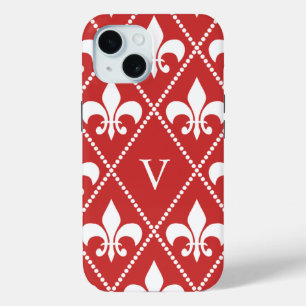 Coque Pour iPhone 15 Crimson Fleur de Lis avec monogramme