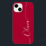 Coque Pour iPhone 14 Crimson White Elegant Calligraphie Nom du script<br><div class="desc">Crimson Elegant White Calligraphy Script Personnalisé Nom iPhone 14 Smart Phone Boîtes dispose d'un design moderne et tendance simple et élégant avec votre nom personnalisé dans élégante calligraphie manuscrite typographie de script sur un arrière - plan crimson. Conçu par ©Evco Studio www.zazzle.com/store/evcostudio</div>