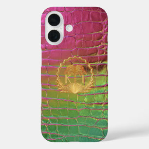 Coques iPhone 16 Croc Monogramme Iridescent Rose Vert Élégant