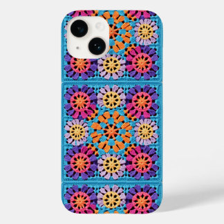 Coque Pour iPhone 14 Crochet bleu orange jaune coloré Granny Carré