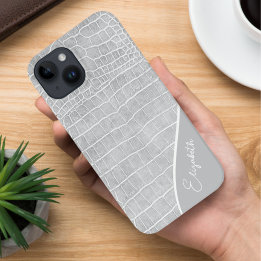 Coque Pour iPhone 14 Crocodile Pearl Grey Personnalisé