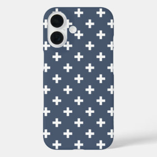 Coques iPhone 16 Croix blanches à pois sur bleu-gris