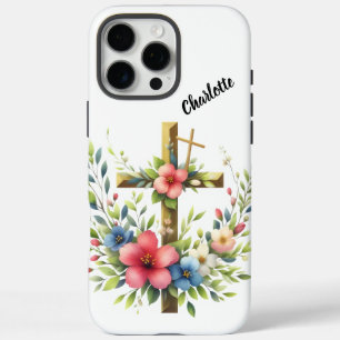 Coques iPhone 16 Pro Max Croix chrétienne encadrée par Halo floral artistiq