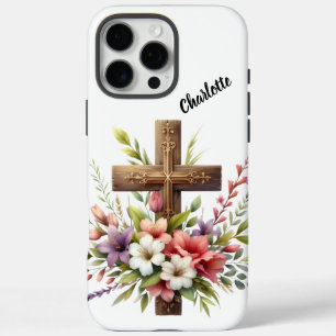 Coques iPhone 16 Pro Max Croix chrétienne entourée d'un bel art floral