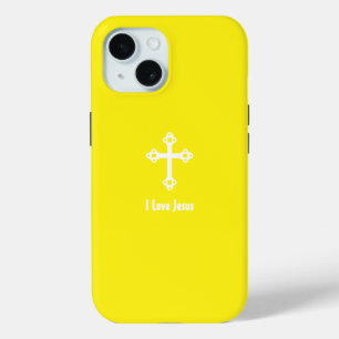 Coque Pour iPhone 15 Croix chrétienne J'aime Jésus Jaune brillant