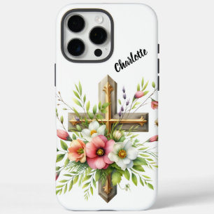 Coques iPhone 16 Pro Max Croix chrétienne mise en valeur par un halo floral