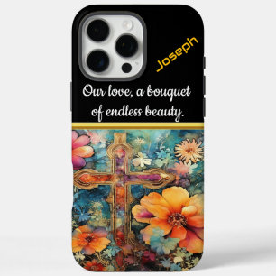 Coques iPhone 16 Pro Max Croix colorée au milieu des fleurs florissantes