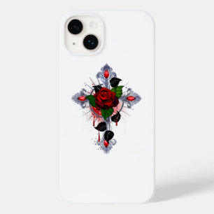 Coque Pour iPhone 14 Plus Croix d'argent avec une rose rouge
