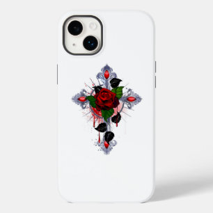 Coque Pour iPhone 14 Plus Croix d'argent avec une rose rouge