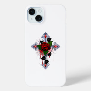 Coque iPhone 15 Mini Croix d'argent avec une rose rouge