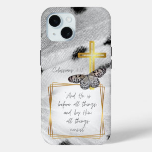 Coque Pour iPhone 15 Croix dorée papillon noir et blanc de foi tendance