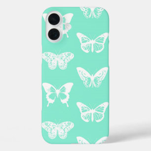 Coques iPhone 16 Plus Croquis de papillon, aqua et blanc