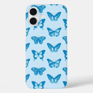 Coques iPhone 16 Plus Croquis de papillon, bleu cyan et bleu ciel