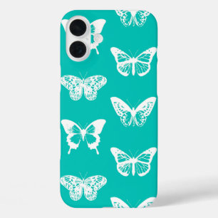 iPhone 16 Plus Case Croquis de papillon, bleu turquoise et blanc