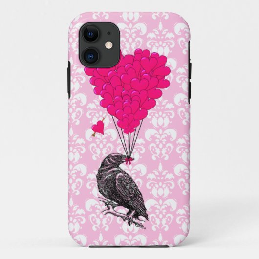 Coques Case-Mate iPhone Crow et coeur sur damas rose (Dos)
