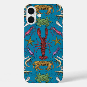 Coques iPhone 16 Plus crustacés de cornwall damas pop bleu