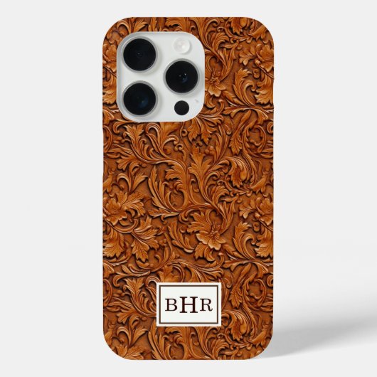 Coques Case-Mate iPhone Cuir Brun Outilé Monogrammé (Verso)