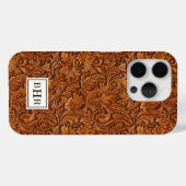 Coques Case-Mate iPhone Cuir Brun Outilé Monogrammé (Verso (horizontal))