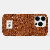 Coques Case-Mate iPhone Cuir Brun Outilé Monogrammé (Verso (horizontal))