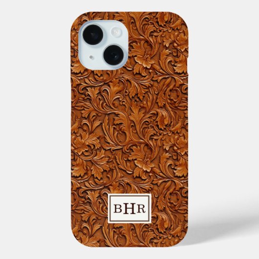 Coques Case-Mate iPhone Cuir Brun Outilé Monogrammé (Verso)