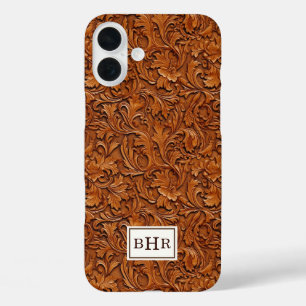 Coques iPhone 16 Plus Cuir Brun Outilé Monogrammé