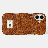 Coques Case-Mate iPhone Cuir Brun Outilé Monogrammé (Verso (horizontal))