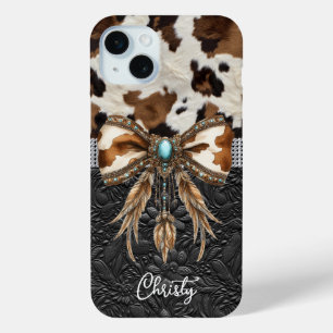 Coque iPhone 15 Mini Cuir de vache noir Bijou Arc