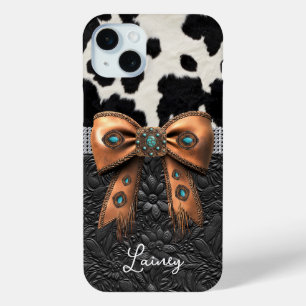 Coque iPhone 15 Mini Cuir de vache noir et blanc orné d'un nœud