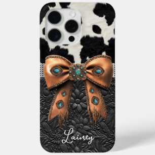 Coque iPhone 15 Pro Max Cuir de vache noir et blanc orné d'un nœud