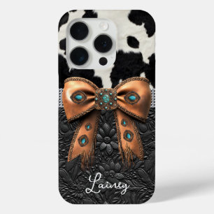 Coque iPhone 15 Pro Cuir de vache noir et blanc orné d'un nœud