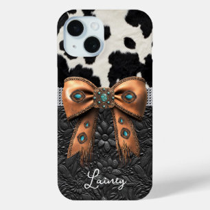 Coque Pour iPhone 15 Cuir de vache noir et blanc orné d'un nœud