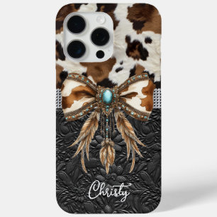 Coque iPhone 15 Pro Max Cuir de vache noir Jewel Bow