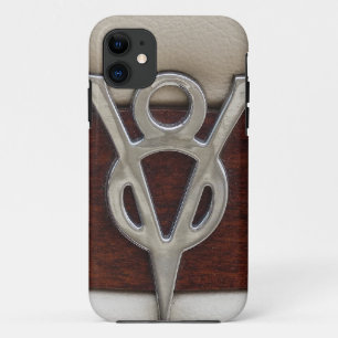 Coque iPhone 11 Cuir et bois d'emblème de chrome de V8