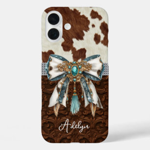 Coques iPhone 16 Plus Cuir Marron Cuir de Vache Orné d'un Nœud
