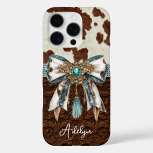Coques iPhone 16 Pro Cuir Marron Cuir de Vachette à Nœud Orné de Pierre