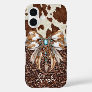 Coques iPhone 16 Cuir Marron Cuir de Vachette Bijou Arc Monogrammé