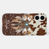 Coques Case-Mate iPhone Cuir Marron Cuir de Vachette Bijou Arc Monogrammé (Verso (horizontal))