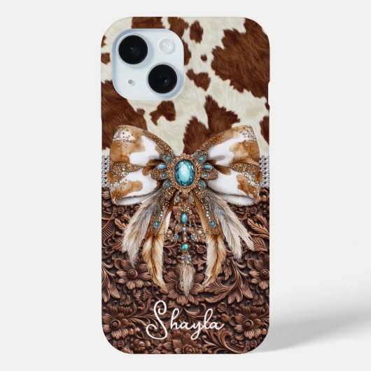 Coques Case-Mate iPhone Cuir Marron Cuir de Vachette Bijou Arc Monogrammé (Verso)