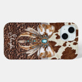 Coques Case-Mate iPhone Cuir Marron Cuir de Vachette Bijou Arc Monogrammé (Verso (horizontal))
