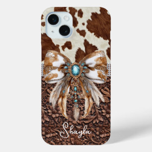 Coque iPhone 15 Mini Cuir Marron Cuir de Vachette Bijou Arc Monogrammé