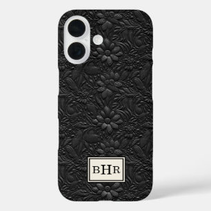 Coques iPhone 16 Cuir Noir Outilé Monogrammé Vintage
