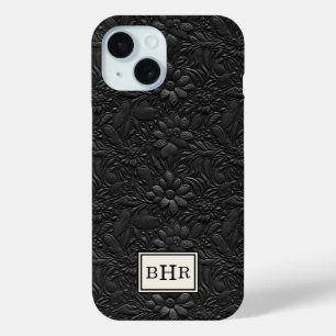 Coque Pour iPhone 15 Cuir Outilé Noir Vintage Monogrammé