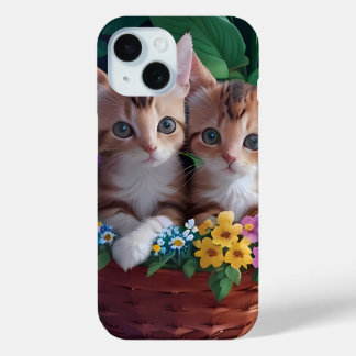 Coque Pour iPhone 15 Cuisinement Cute Kittens dans un panier à fleurs