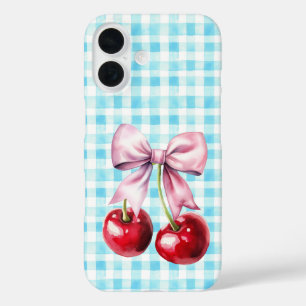 Coques iPhone 16 Cuite Cerise Coquette Bow En vichy Bleu
